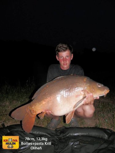 78cm, 12,3kg, boilies Krill/Oliheň, obalovací těsto Krill/Oliheň