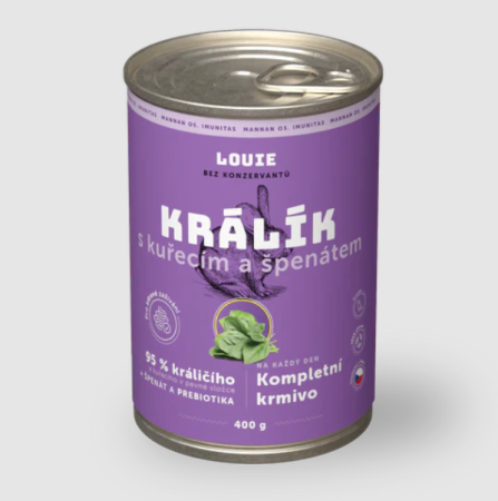 KRÁLIK S KURACÍM, ŠPENÁTOM A PREBIOTIKY 400 g - konzerva pre psov Louie (Louie, KKŠP400-1) | Krmiva Hulín