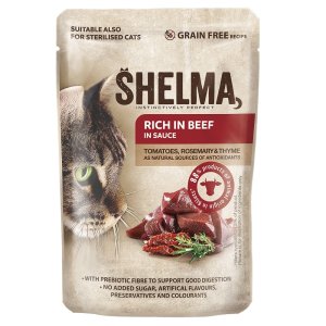 SHELMA Cat hovězí s rajčaty v omáčce, kapsa 85 g - 1 ks (SCH1) | Krmiva Hulín