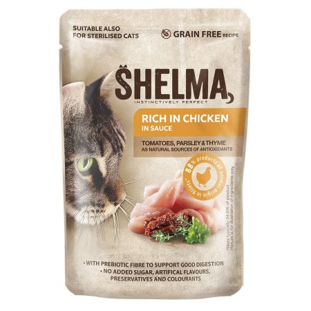 SHELMA Cat kuřecí s rajčaty a bylinkami v omáčce, kapsa 85 g - 1 ks (SCK1) | Krmiva Hulín