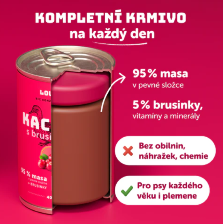 KACHNÍ S BRUSINKAMI A PREBIOTIKY 800 g - Konzerva pro psy Louie - Počet ks: 1 ks