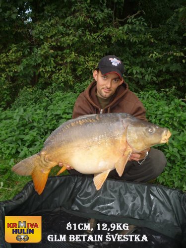 81cm, 12,9kg, boilies GLM betain se Švestkou, svazová voda